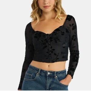 Madden NYC Velvet Burnout Black Floral Corset Whimsygoth Witchy Crop Top Medium